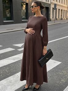 MaterniWear Maternity Fashion Commuter Striped Dress Fall - Coffee - View 3