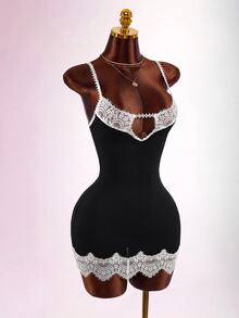 Amplova Women's Lace Patchwork Knit Dress, Backless Sexy Style, Suitable For Boudoir Wear, Sexy - Black - View 7