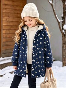 SHEIN Elladie kids 女童連帽厚抓絨復古碎花中長款秋冬外套 - 藏蓝色 - 查看 4