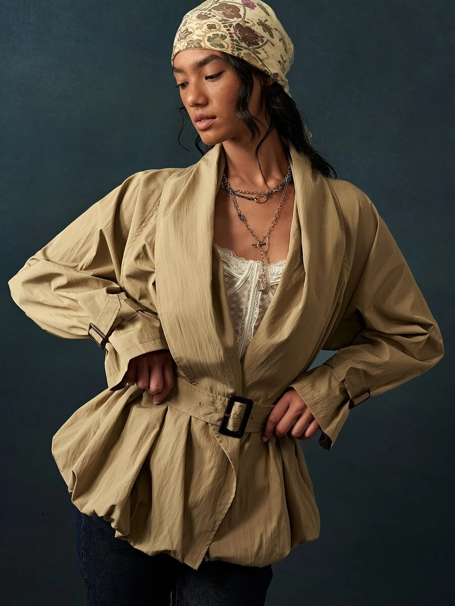 Bohemela Women's Solid Color Shawl Collar Long Sleeve Casual Jacket - Army Green - View 1