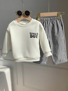 SHEIN 中性嬰兒男/女嬰 2件組秋冬休閒可愛標語衛衣與條紋長褲套裝，男嬰服飾套裝，男嬰秋冬服飾，柔軟，街頭風 - 黑與白 - 查看 6