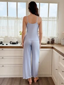 Snug Reverie Wood Ear Trim Camisole V-Neck Tie-Front Sexy Cute Modest Style Women's Loungewear Set Lounge Prom Light Blue Summer - Blue - View 2