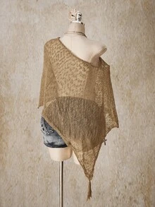SHEIN ICON 女款大尺碼不對稱下擺不對稱肩帶流蘇針織上衣 - 卡其色 - 查看 2