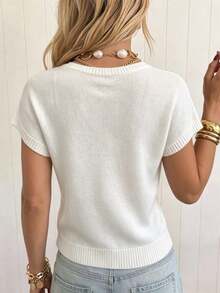 Modelyn Elegant Elegant Metal Button Design Solid Color Round Neck Pullover Fashion Versatile Minimalist Loose Drop Shoulder Short Sweater - White - View 2