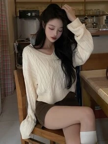 DAZY Women's Solid Color Loose Short V-Neck Long Sleeve Pullover Cable Knit Casual Vacation Spring Autumn Sweater - Apricot - View 5