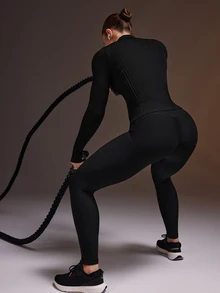 Powerista Women's Black Ribbed Surface Washed Process Stand Collar Slim Fit Long Sleeve Athletic Tight Jacket - Black - View 4