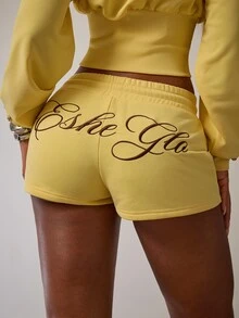 SHEIN BAE Yellow Metal Rivet Decorated Letter Embroidery Low Waist Jogger Pants Winter Street Style Daily Back To School Outfit Autumn/Winter Outing Sweatshirt Shorts Yellow Shorts - Pale Yellow - View 2