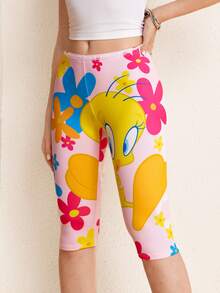 LOONEY TUNES X SHEIN Women's Floral Print Contrast Lace 3/4 Length Leggings - Baby Pink - View 3
