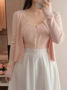 Dazy Plus 2pcs Slim Fit Lace Trim Bow Tie Cami Top & Long Sleeve Open Front Cardigan Casual Korean Style Sweater Set For Girls - Pink - View 6