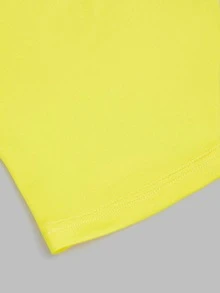 Sweetra Plus Size Striped Asymmetric Neck Spaghetti Strap T-Shirt, Shoulder Exposed, Ruched Waist, Short Length, Sexy Style, Tie Strap, Short Sleeve Top - Yellow - View 3