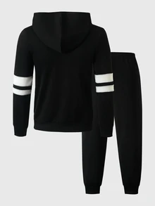 SHEIN 青少年男孩休閒拉鍊連帽衛衣與運動長褲2件套，適合日常穿著、通勤、運動 - 黑色 - 查看 2