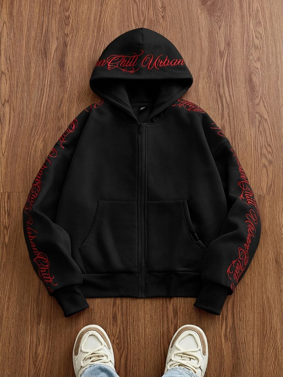EASEVO Men's Plus Size Letter Embroidered Hoodie Halloween Winter Party Autumn - Black - View 1