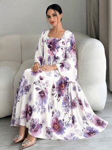 Yasmyna Women's Floral Print Square Neck Bell Sleeve Elegant Arabian Dress - Multicolor - View 1