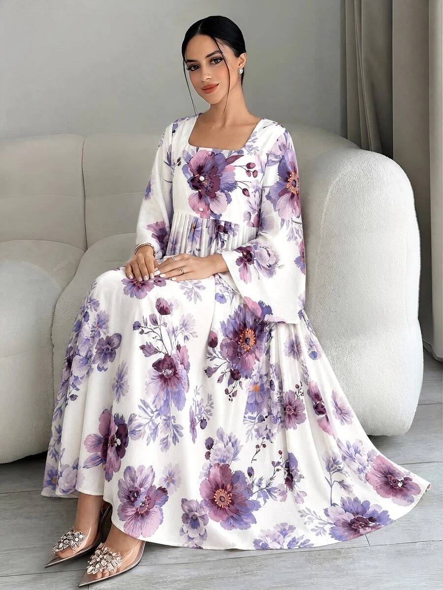 Yasmyna Women's Floral Print Square Neck Bell Sleeve Elegant Arabian Dress - Multicolor - View 1