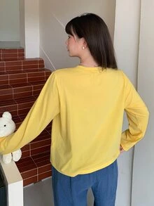 Dazy Plus Set Piyama Baru Musim Semi/Gugur dengan Atasan Longgar dan Celana Panjang Motif Kartun - Kuning - View 2