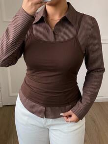 Dazy Plus Striped Fitted Waist Long Sleeve Shirt & Slim Camisole Casual Sexy Top 2 Pieces Set, Spring/Autumn - Brown - View 1