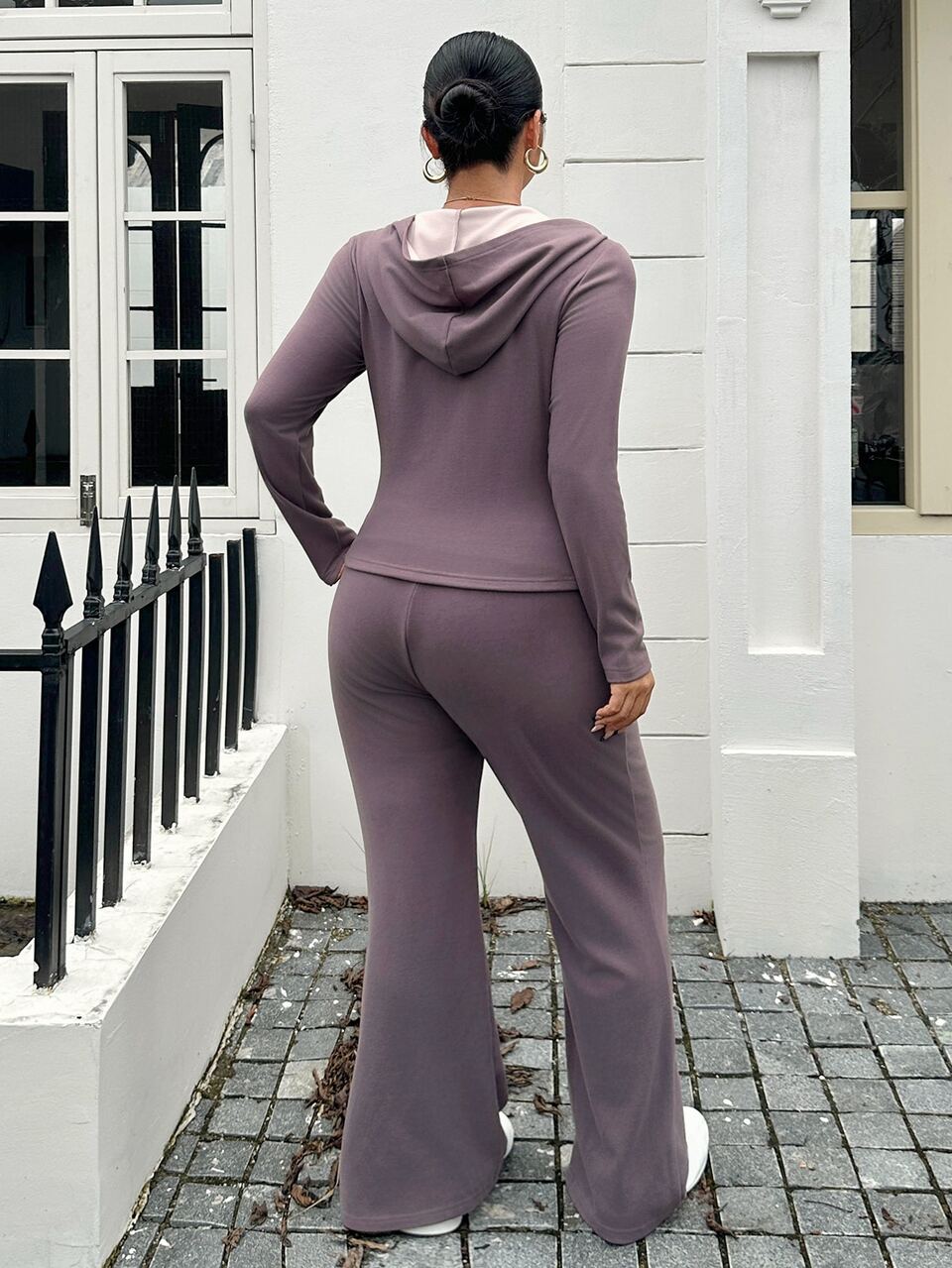 Thermal Lined Thick Waist-Cinched Hooded Slim Fit Long Sleeve Sweatshirt And Flared Pants Casual Sports Spring Autumn 2 Pieces Set