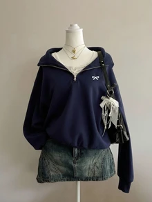 青少年女孩拉鍊連帽衛衣，蝴蝶結印花圖案，休閒極簡深皇家藍，適合日常穿著，舒適百搭 - 藏蓝色 - 查看 1