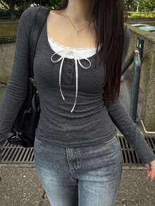 DAZY 拼接撞色修身長袖方領優雅可愛女孩秋季上衣女款T恤日常約會深灰色 - 灰色 - 查看 3