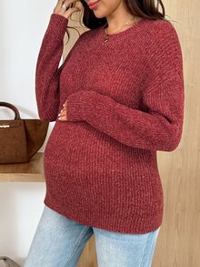 SHEIN Sweater Hamil Lengan Panjang Warna Polos Kasual Serbaguna untuk Pemakaian Sehari-hari di Musim Dingin - Merah - View 6