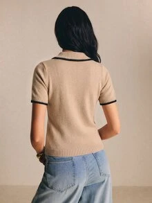Poéselle 女款休閒日常拉鍊半開襟短袖針織上衣 - 卡其色 - 查看 2