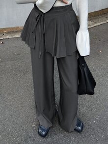 FRIFUL Women's Solid Color Side Knot Pleated Skirt And Long Pants Casual 2 Pieces Set Fall - Grey - View 7