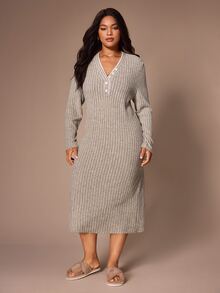 Lazeform Minimalist Solid Color Button-Front Ribbed Knit Plus Size Long Nightgown - Khaki - View 4