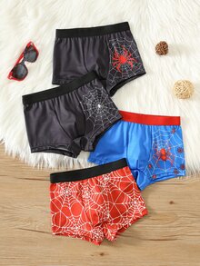 SHEIN 小男孩 4件組 小男孩四角內褲 男童嬰兒內褲 蜘蛛圖案 - 彩色 - 查看 4