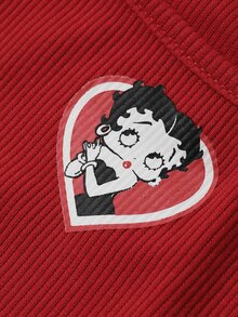 Betty Boop x DAZY Curve Cartoon Print Spaghetti Strap Tie-Up Fitted Minimalist Sexy Sexy Red Spring Summer Autumn Camisole And Tank Top - Red - View 3