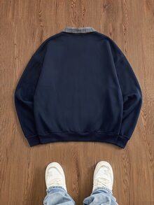 EASEVO 男士春秋休閒套頭衛衣 黑色大尺碼 刺繡領口 - 藏蓝色 - 查看 2