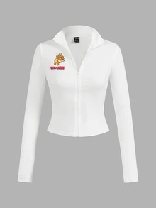TOM & JERRY X SHEIN SHEIN EZwear 2件組黑白針織拉鍊長袖女款T恤，聯名印花圖案，適合外出、街頭風、機場穿搭、時尚、返校、Y2K、派對、海灘度假、假日 - 彩色 - 查看 3