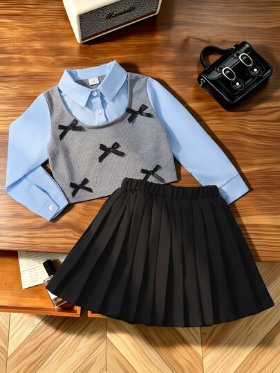 SHEIN طقم بناتي 2 قطعة ربيع/خريف موضة، ملابس علوية 2 في 1 من سترة محبوكة وقميص بأكمام طويلة مع تنورة كاروهات مطوية بطراز فينتاج، مناسب للارتداء اليومي والتنقل والمدرسة