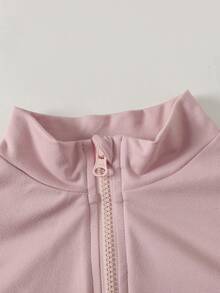 SHEIN 青少年女孩粉色針織拉鍊立領修身配色休閒運動服套裝，附緊身喇叭褲，運動套裝、校園風套裝、慢跑套裝 - 淺粉色 - 查看 5