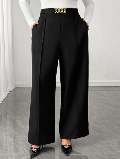 SHEIN Elenzya Plus Size Elegant Pocket Long Straight Leg Pants With Waist Chain Decoration And Adjustable Elastic