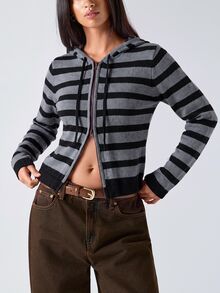 LYSMO Women's Striped Colorblock Drawstring Hooded Cardigan - Dark Grey - View 3