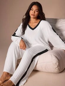 Lazeform Minimalist Contrast Color Ribbed Plus Size Home 2-Piece Set, Fashion V-Neck Long Sleeve Top + Comfortable Long Pants, Slouchy Casual Pajama Set - White - View 1