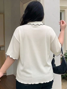 Dazy Plus 超寬鬆黑白條紋短袖夏季T恤 - 米色 - 查看 2