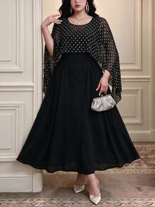 Vibekara Plus Size Women's Casual Formal Commute Elegant Polka Dot Woven Autumn 2 Pieces Set Fall Wedding Dinner Black And White Black - Multicolor - View 1