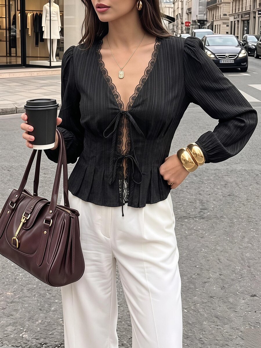 SHEIN PariChic Women's Solid Color Contrast Lace Front Tie Long Sleeve Elegant Blouse - Black - View 1