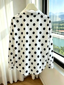 Franclia 女款休閒舒適性感蕾絲拼接 2 合 1 波點印花圖案襯衫 - 黑與白 - 查看 2