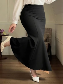 Dazy Plus Solid Color Wrap Fishtail Skirt Elegant Versatile Commute Black Long Skirt Fall Dinner Formal - Black - View 1