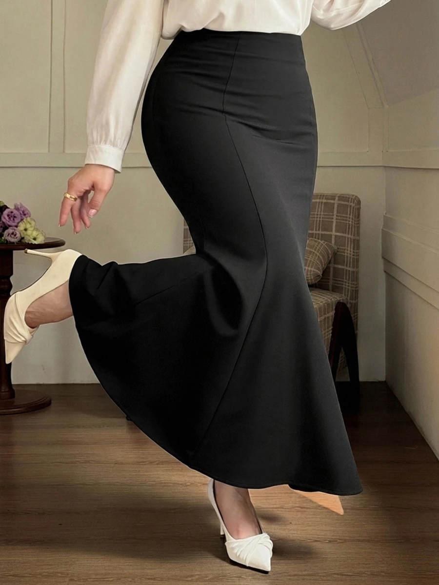 Dazy Plus Solid Color Wrap Fishtail Skirt Elegant Versatile Commute Black Long Skirt Fall Dinner Formal - Black - View 1