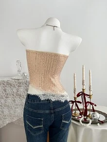 Elamini Women's Autumn/Winter Minimalist Sequin Elegant Color-Block Lace Asymmetrical Hem Tube Top, Suitable For Party And Date - Champagne - View 2