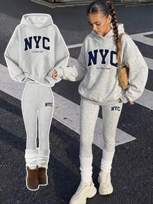 SHEIN 青少年女孩連帽落肩運動衫與修身緊身褲2件套，卡通圖案 - 彩色 - 查看 1