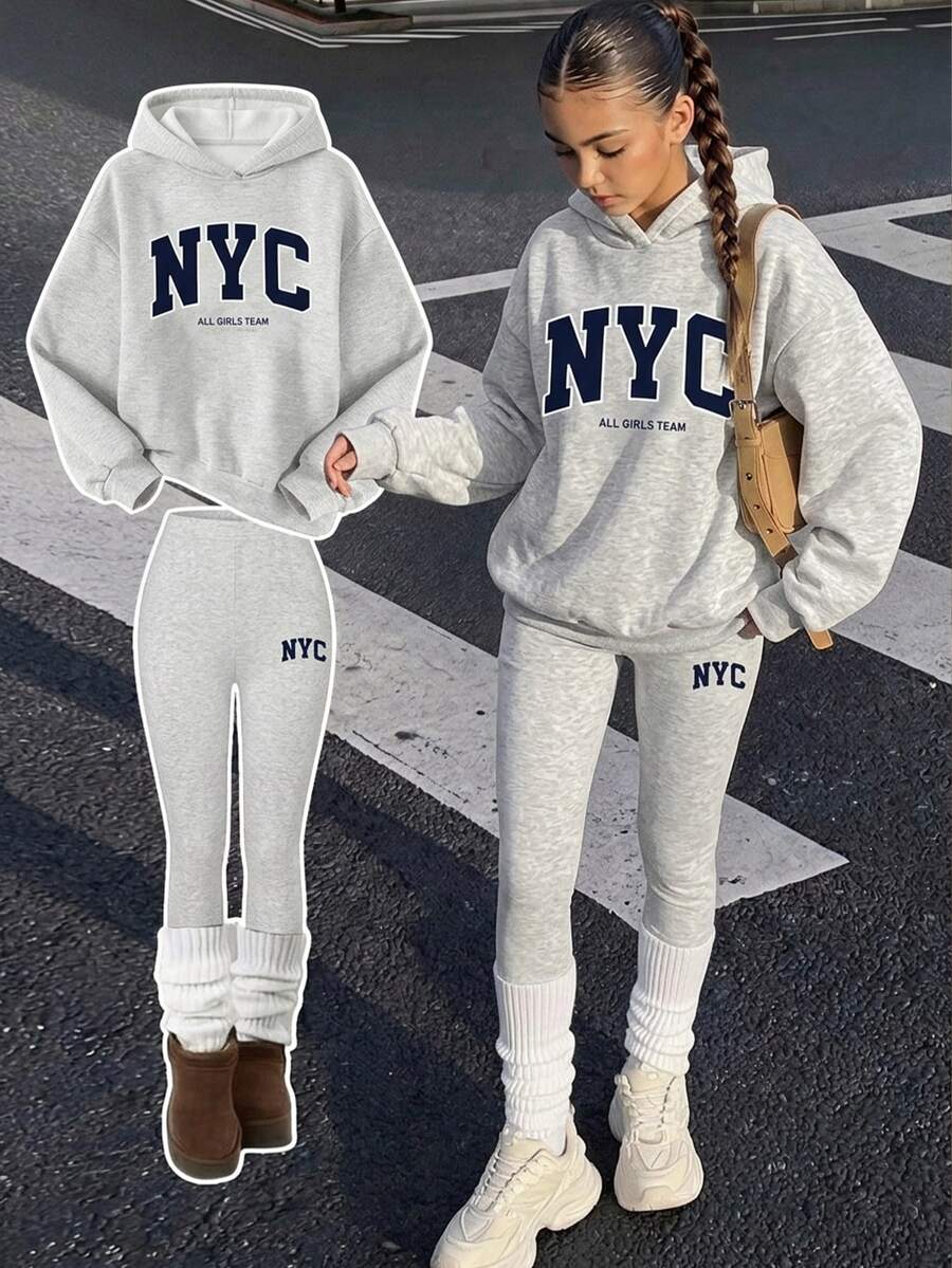 SHEIN 青少年女孩連帽落肩運動衫與修身緊身褲2件套,卡通圖案 - 彩色 - 查看 1