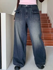 Dazy Plus Vintage Washed Denim Straight Leg Long Jeans, Versatile Casual Streetwear For Girls, Spring/Autumn New Style - Dark Wash - View 3