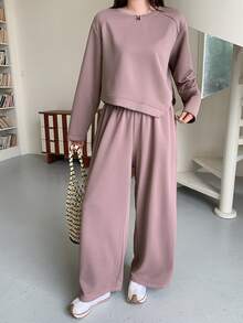 Dazy Plus Solid Color Asymmetric Sweatshirt And Wide Leg Pants, Soft Purple Casual 2 Pieces Set - Pink - View 7