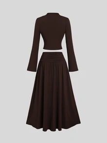 Sweetra Women's New Spring Summer Autumn Winter Outfit Half-High Neck Solid Color Top And Ruched Waist Skirt Set, Suitable For Travel, Commuting, Shopping, Dating, Dining, Versatile 2-Piece Set - Brown - View 13