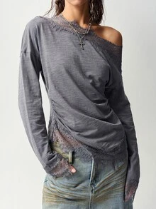 Bohemela Women's Lace Patchwork Asymmetric T-Shirt - Grey - View 5