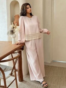 Lounesse Plus Size Women Lace Patchwork Vacation Brunch Travel Formal Casual Top Pants Boho 2 Pieces Set Fall Elegant Dusty Pink - Khaki - View 6
